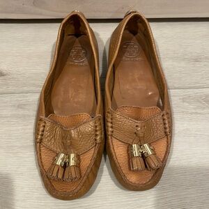 Tory Burch tan leather loafers with gold tassels